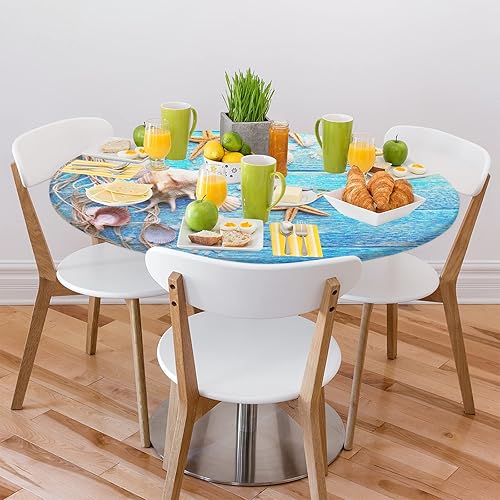 Miniatura 8 de Mantel redondo con borde elástico, ajustable con diseño de estrella de mar de playa, impermeable, lavable, para fiestas, decoración de mesa de