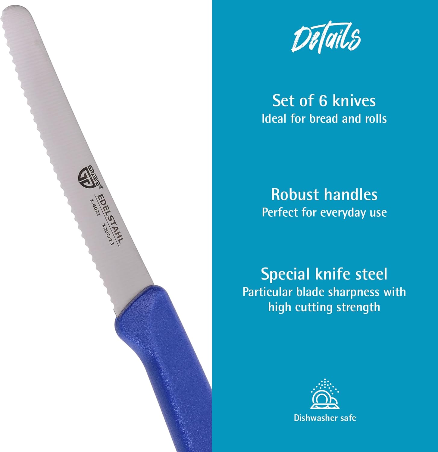 GRÄWE table knife 6 pieces, set for cutting, pack of 6 bread knives, for breakfast with serrated edge on one side, length 8.3 inch - handle color blue