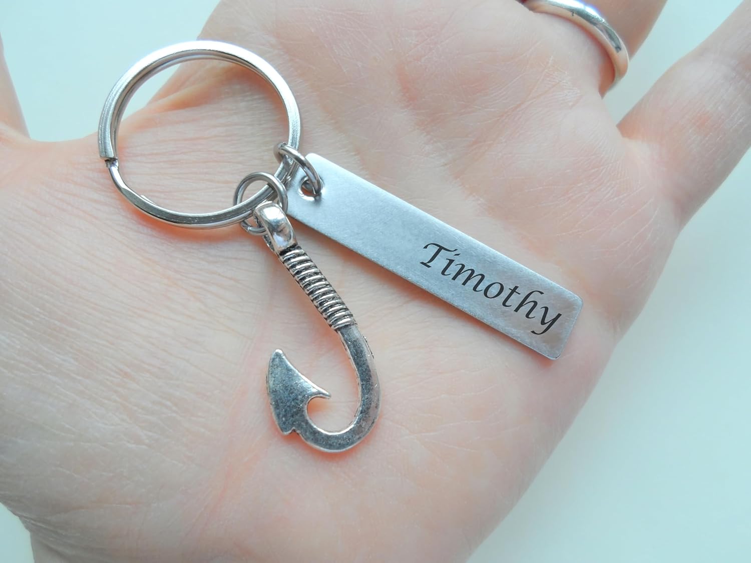 Custom Fish Hook Charm Keychain with Engraved Tag for Fisher, Father, Couples or Friends, Anniversary Keychain - Image 3