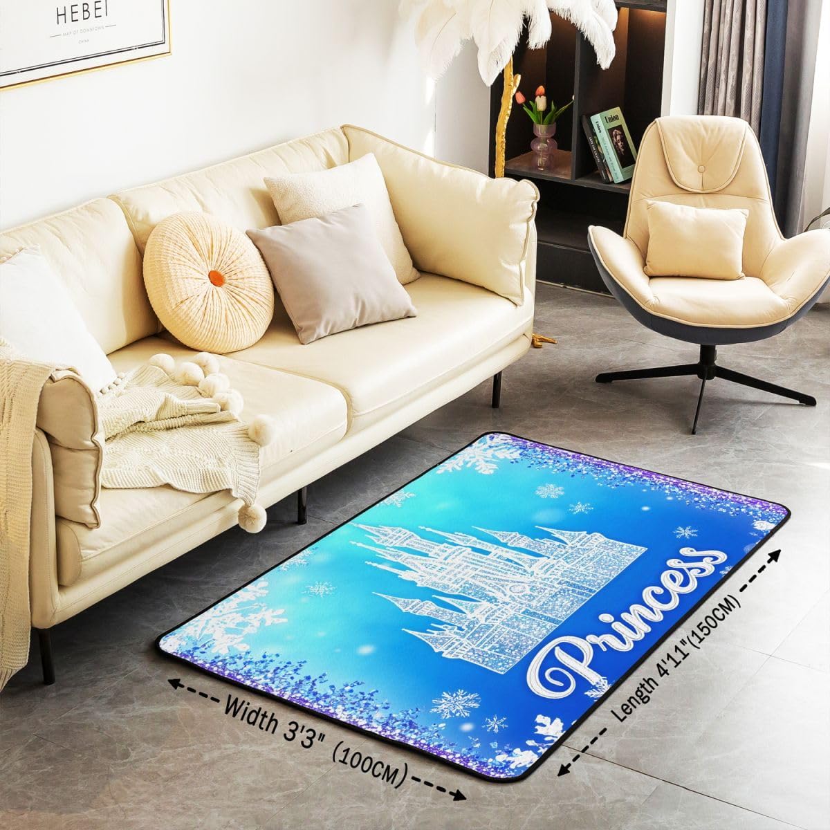 Feelyou Princess Castle Area Rug 5x7 Polyester Snowflake Castle Living Room Rugs for Bedroom Dreamy Fairy Decor Carpet Frozen Indoor Floor Mat Soft Non-Slip