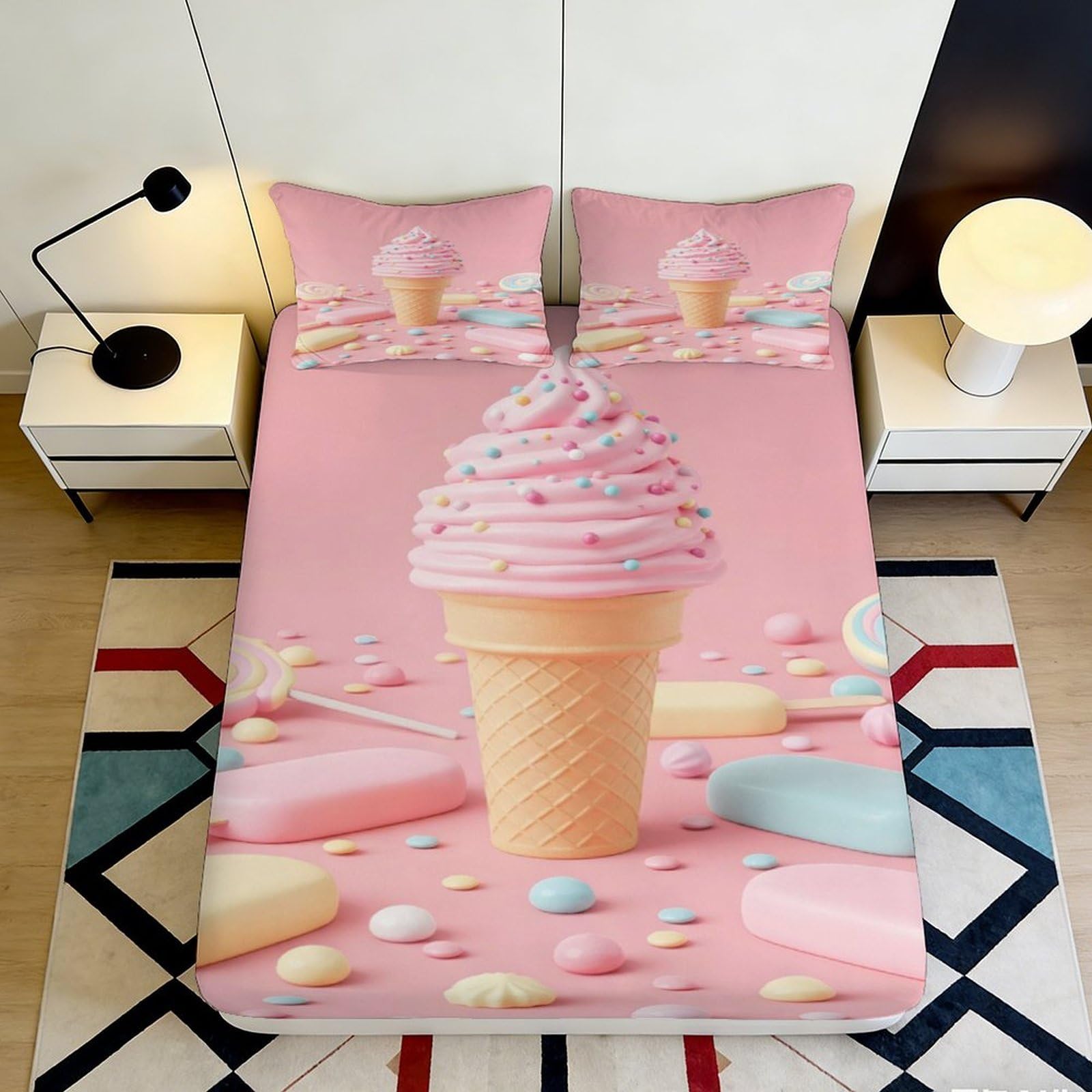 3D Printed Ice Cream Pastel Fitted Sheet Microfiber Soft Sweet Candy Bed Cover for Bedroom Guest Room Decor 90x200x25cm