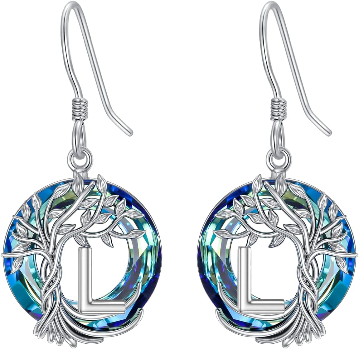 TOUPOP Tree of Life Initial Earrings 925 Sterling Silver A-Z Letter Drop Dangle Earrings Austrian Crystal Jewelry Birthday Gifts for Women Wife Mom