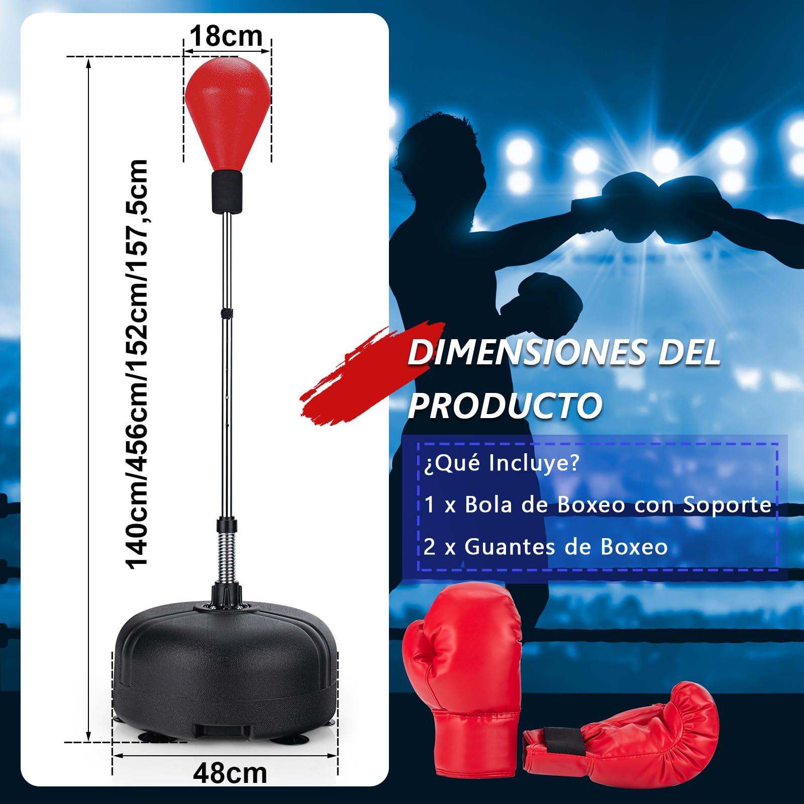 GYMAX Juego de Boxeo de Pie con Base Rellenable, 140 a 158 cm Altura Ajustable, con Guantes de Boxeo, para Adultos y Niños, para Boxeo, Kickboxing y Slivio del Estrés
