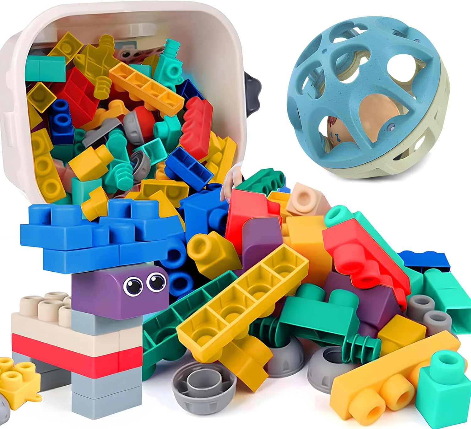 80PCS Baby Blocks & Rattle Ball Set - STEM Building & Sensory Teething Toys for Infants 6-12 Months