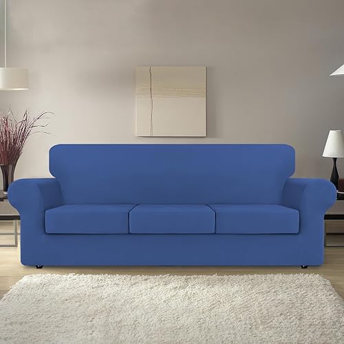 Miniatura 2 de KEKUOU Fundas elásticas de 4 piezas para sofá de 3 cojines, aptas para mascotas, fundas de sofá 2024, protector de muebles para perros (sofá, azul