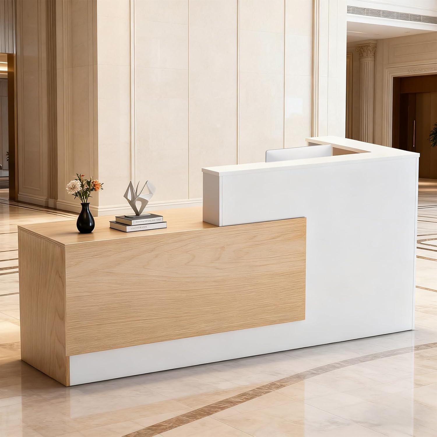 L-Shaped Large Wooden Reception Desk, Modern Front Desk Reception Counter with Lockable Drawers & Storage & Keyboard Tray, for Checkout, Lobby (Right-Natural Wood/White, 71''L x 42''W x 41''H)