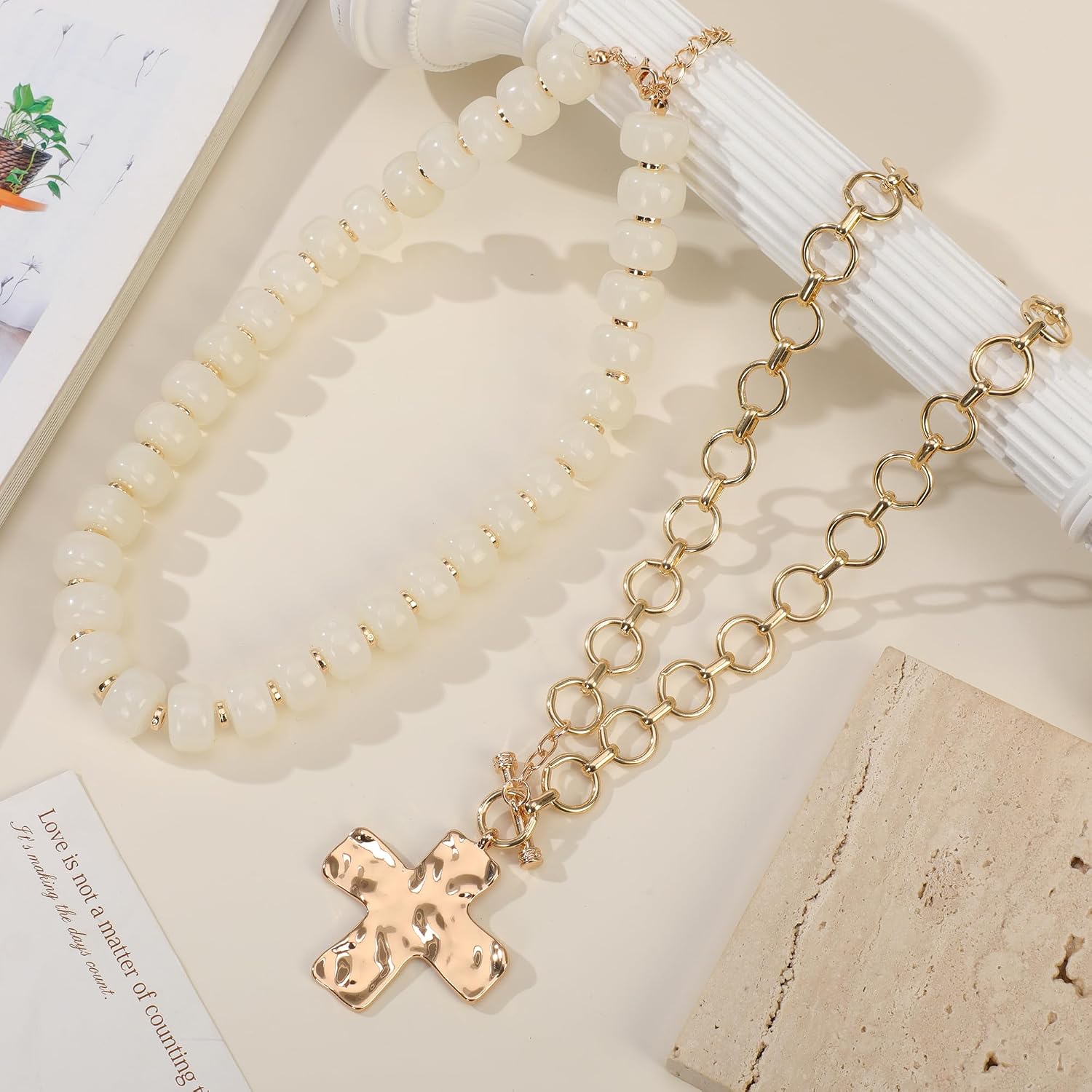 MQV Chunky Statement Gold Hammered Bold Cross Star Puffy Heart Necklace Thick Chain Vintage Layered Toggle Chain Colorful Beaded Choker Stacks Summer Beach Jewelry For Women