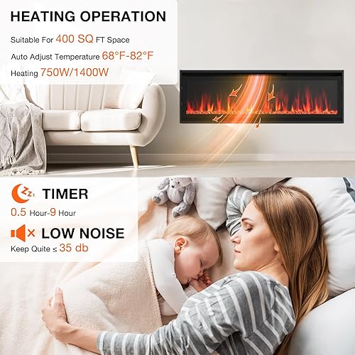 Miniatura 4 de Chimenea eléctrica ultrafina de 40 pulgadas, chimenea eléctrica empotrada y montada en la pared con temporizador, control remoto, color de llama