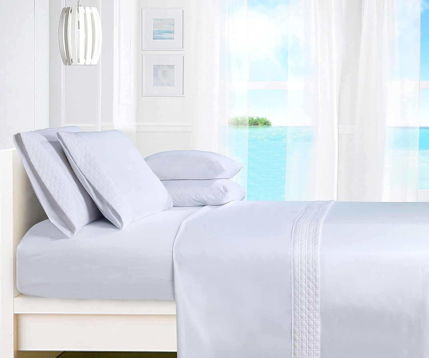 Elegant Comfort Luxury Soft Coziest 3-Piece Bed Sheet Set 1500 Thread Count Egyptian Quality Wrinkle Resistant Beautiful Quilted Design on Flat Sheet and Pillowcases, Twin/Twin XL, White