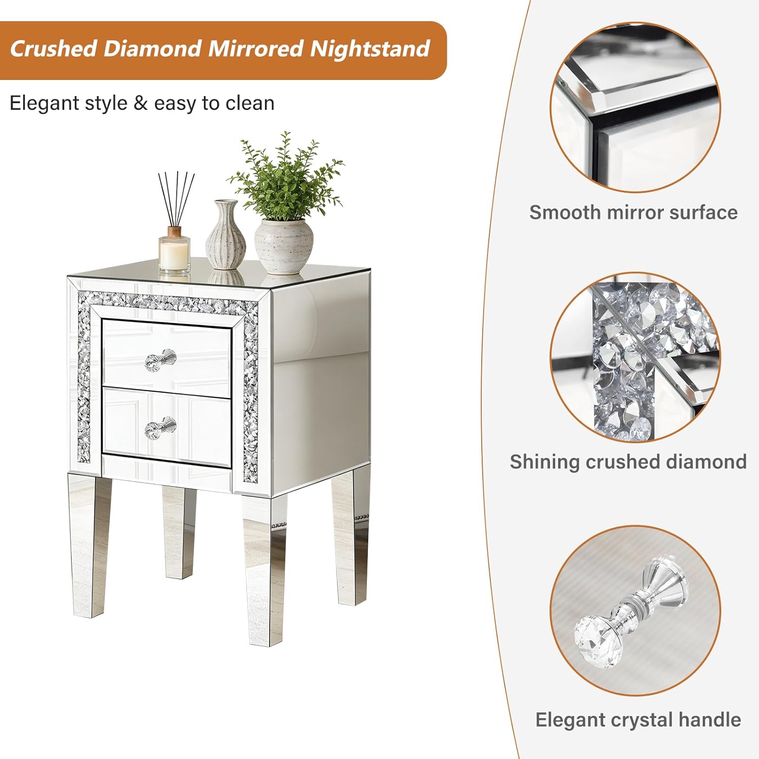Crushed Diamond Mirrored Nightstand, Silver End Table with 2 Drawers Crystal Handle, Mirrored Bedside Table for Bedroom Living Room, No Assembly Needed