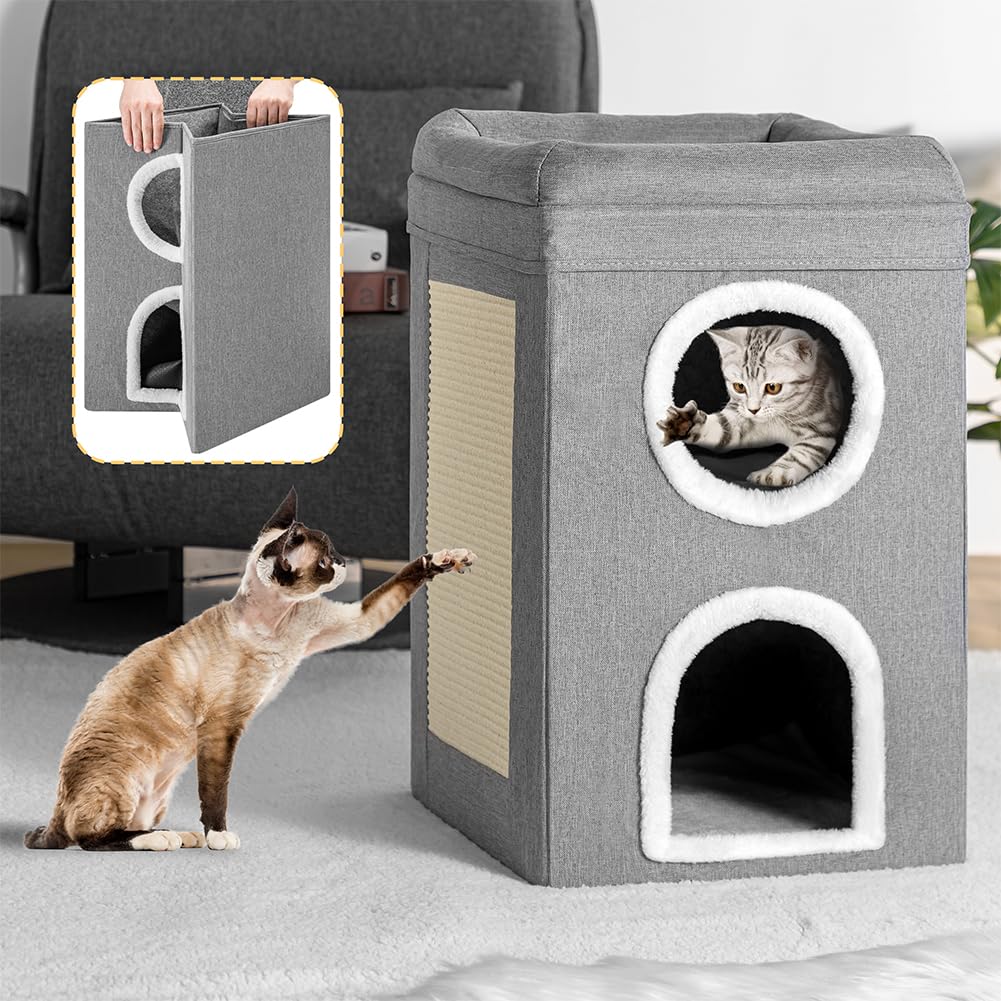 BAKAJI Niche pour Chat Pliable Gris 2 étagères Verticales, abris pour Animaux domestiques, griffoir en Polyester Chaud et rembourré, lit avec Base antidérapante 41 x 41 x 63 cm