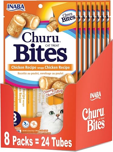 INABA Churu Bites para gatos, golosinas para gatos horneadas y suaves rellenas de pollo con vitamina E, 0.35 onzas cada tubo, 24 tubos en total (3