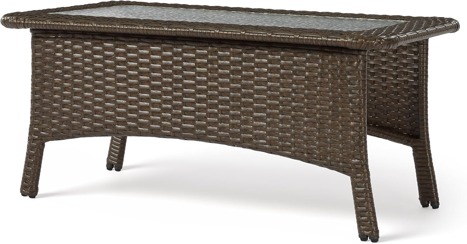 Tribesigns Outdoor Patio Furniture Set of Coffee Table, 35.4" Patio Wicker Coffee Table with Tempered Glass Top, Handwoven Rattan Coffee Table for Conversation Sets, Poolside, Deck, Brown