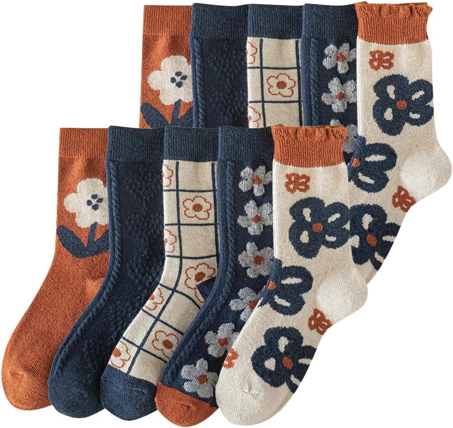 5/10 Pairs Wool Socks for Women Thick Knit Vintage Cute Floral Crew Socks