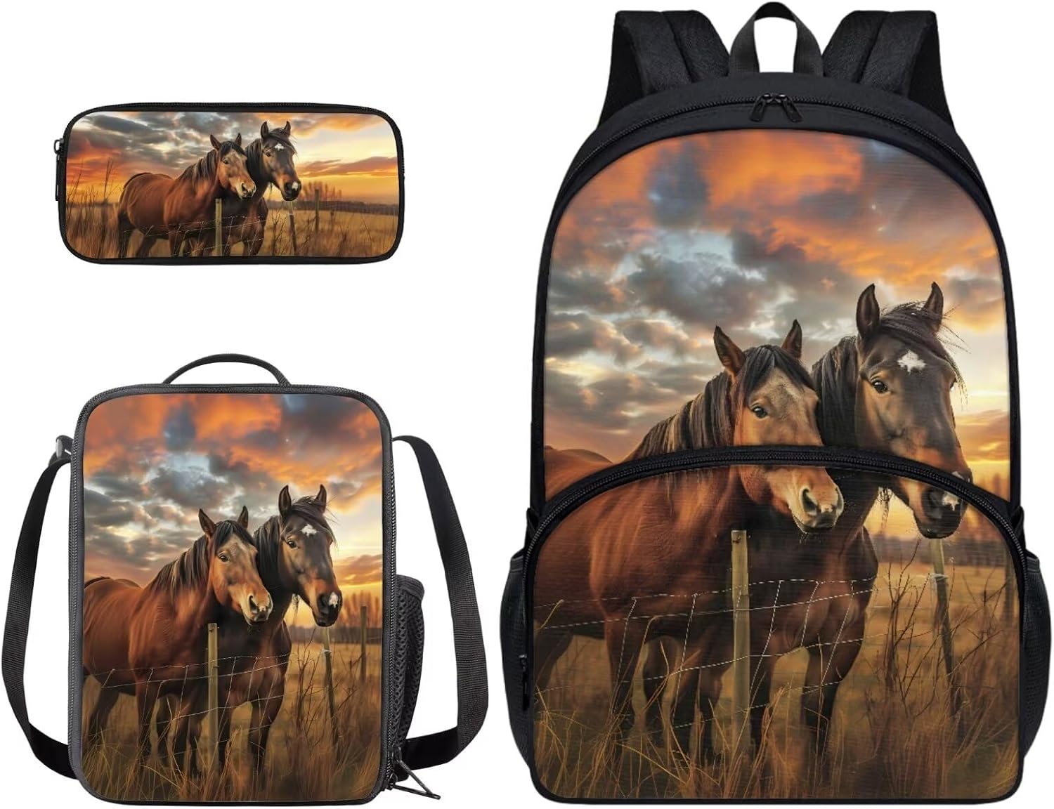 Xoenoiee Horses Pattern 3Pcs Bookbag+Lunch Box+Pencil Bag for Students 17in Large School Bag Backpack Set for Boys Girls Back To School