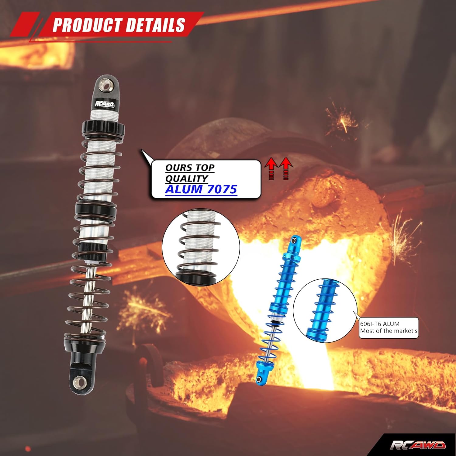 RCAWD 7075 100mm Shock Absorbers Universal for 1/10 RC Crawler Upgrades, for SCX10 I II III Pro 90046 AXI231017 TRX4 TRX6 Redcat D90 MST RC Shocks Dampers with Spring Black