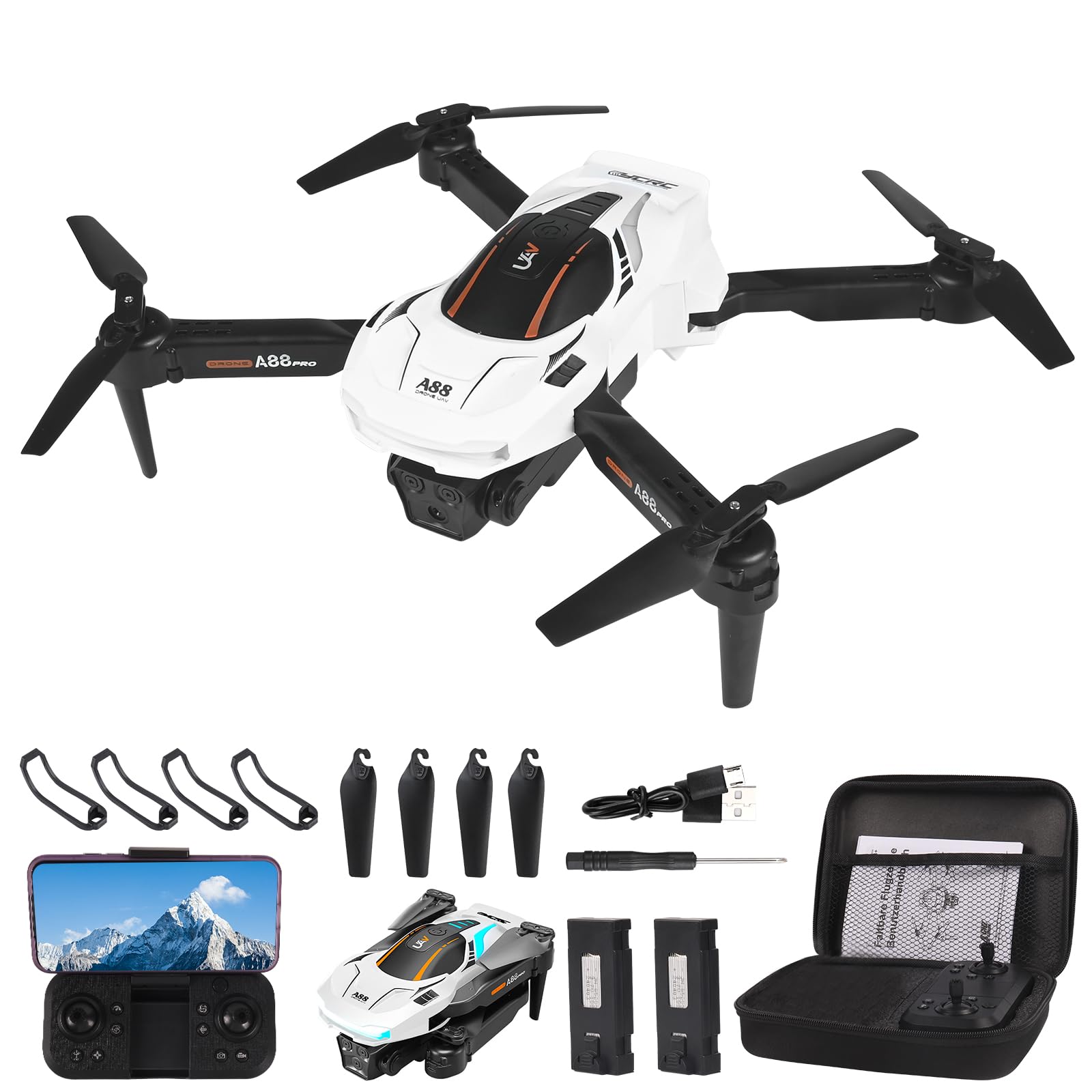 A88 Mini Drone per Bambini con Telecamera 1080P HD FPV con Mantenimento Dell'altitudine, Droni Quadricottero RC con Luci LED e 2 Batterie, Giocattolo Regalo per Ragazzi e Ragazze (Weiß)
