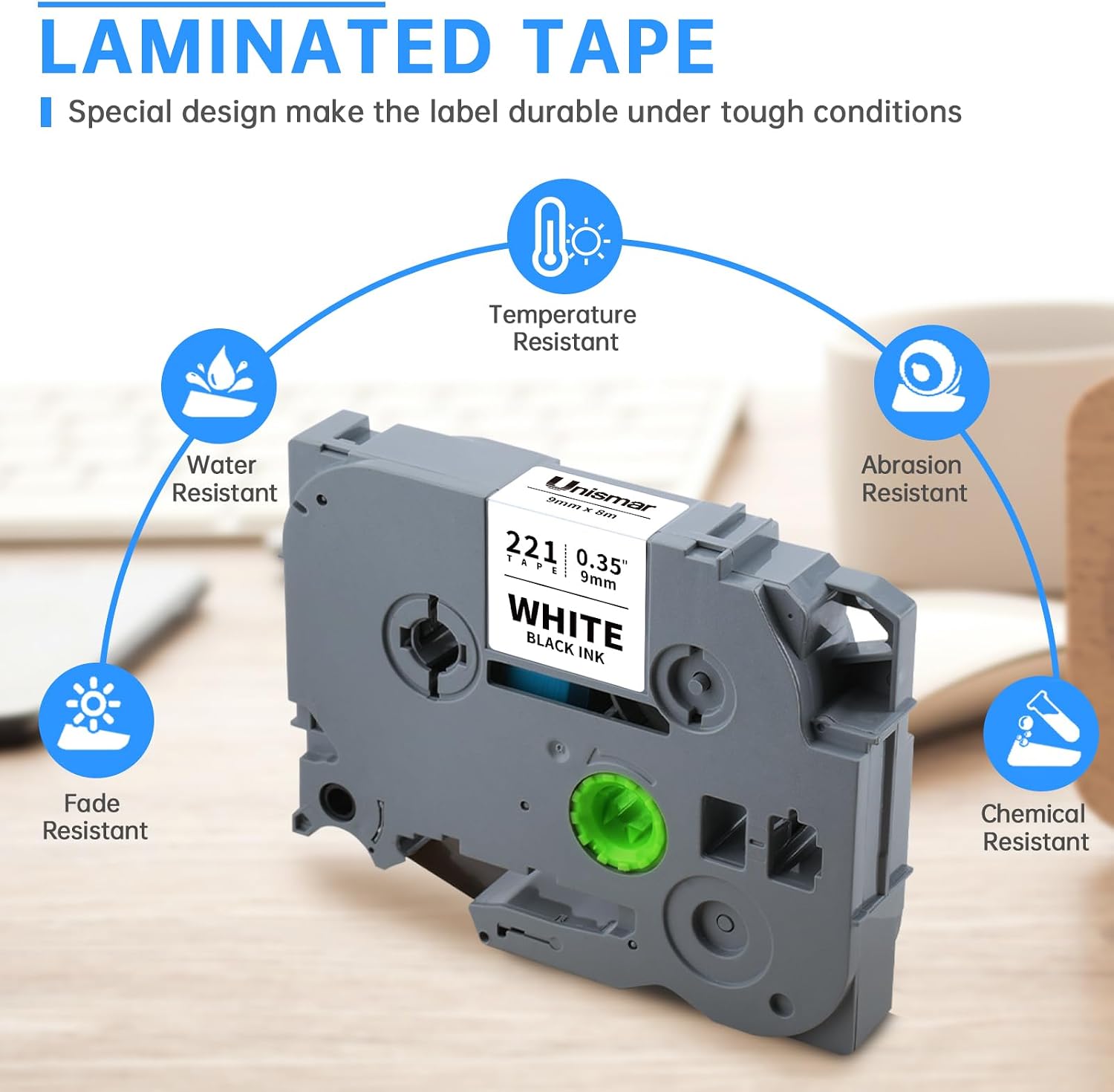 Unismar Tze 9mm 0.35'' Laminated White Compatible for Brother TZe-221 TZ-221 Label Tape Work for Ptouch PTD210 PTD220 PTD200 PTH110 PTH100 PTD400 PTD600 PT1280, Black on White 3/8'' x 26.2ft, 5-Pack