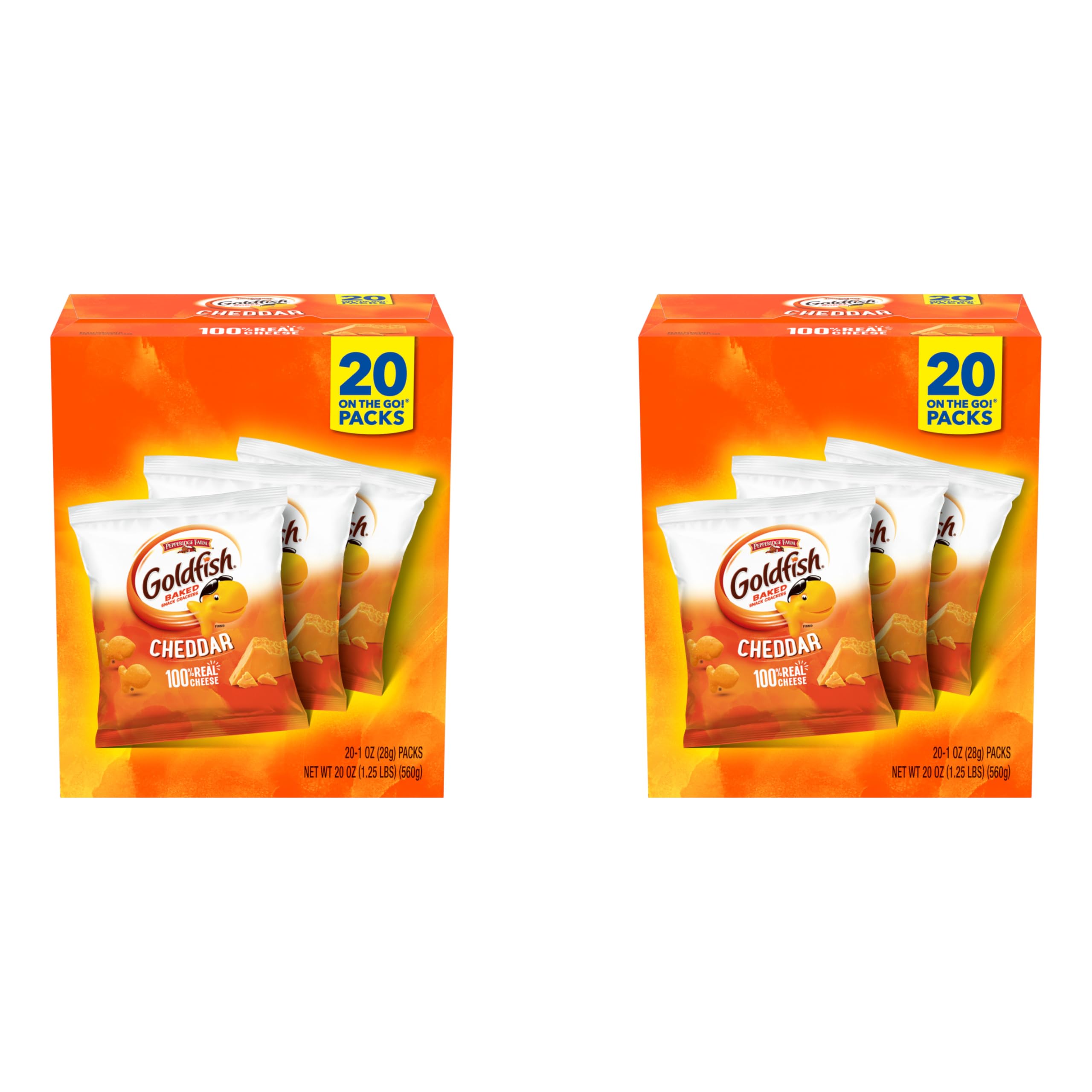 Goldfish Cheddar Cheese Crackers, Baked Snack Crackers, 1 oz On-the-Go Snack Packs, 20 Count Box (Pack of 2)
