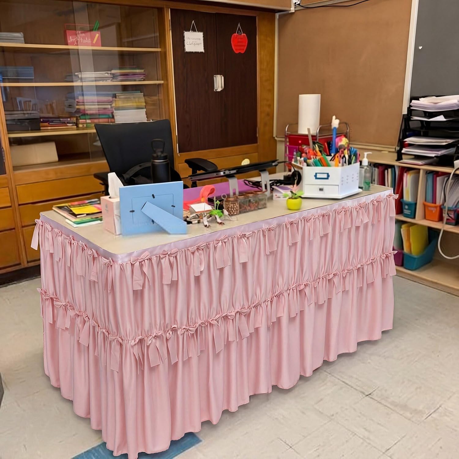 Breling 30 x 72 Inches Pink Bow Tablecloth with Ruffle Teacher Desk Skirt for Rectangle Table Back to School First Day of School Classroom Office Baby Shower Party Decoration