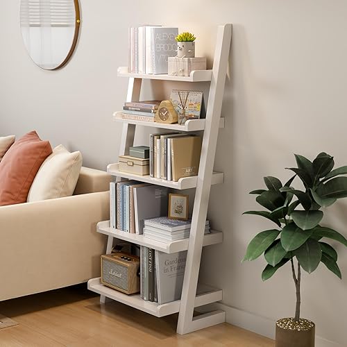 Miniatura 1 de AQIMUELE Estante de escalera de madera blanca con bordes, escalera inclinada moderna de 5 niveles, elegante estantería que ahorra espacio para sala