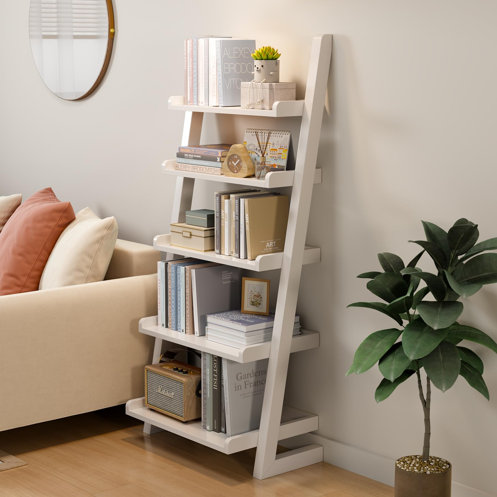 AQIMUELE White Wooden Ladder Shelf with Edges, 5-Tier Modern Leaning Bookshelf Ladder – Stylish Space-Saving Bookcase for Living Room, Bedroom & Home