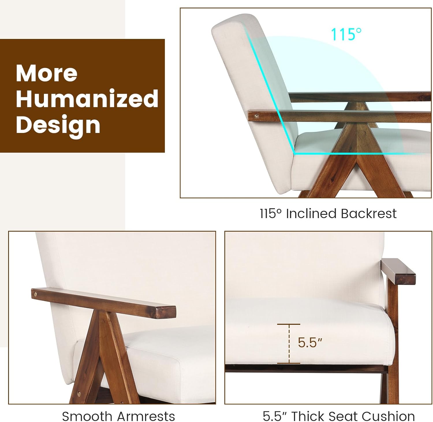 Giantex Modern Accent Chair, Linen Fabric Armchair with Solid Acacia Wood Frame, Soft Padded Cushion, Anti-Slip Foot Pads, Max Load 330 Lbs, Comfy Living Room Chair for Bedroom, Beige