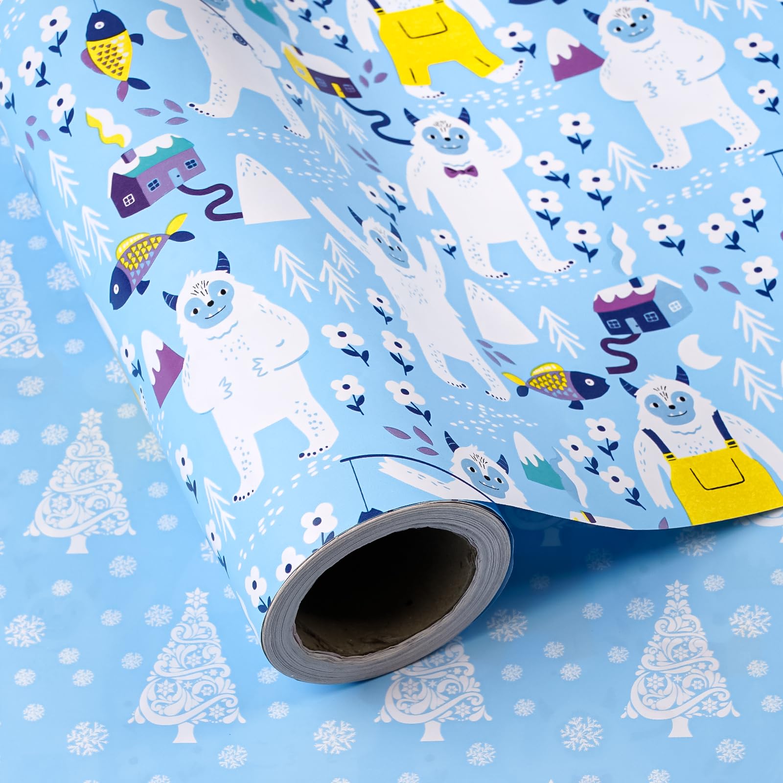 WRAPAHOLIC Reversible Christmas Wrapping Paper - Mini Roll - 17 Inch x 33 Feet - Winter Snow Monster and Christmas Tree Wrapping Paper for Xmas Holiday, Party Celebration