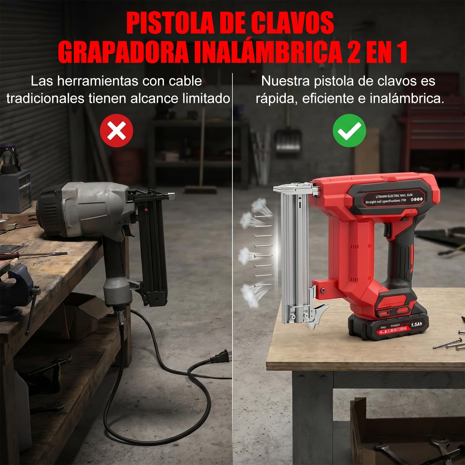 Clavadora Electrica de Clavos, 2 en 1 Pistola de Clavos Inalámbrica 21V, con 2 x Baterías 1.5Ah y 1000Pcs de Grapas, Profundidad de Clavado Ajustable, para Tapicero de Madera, Tapizar