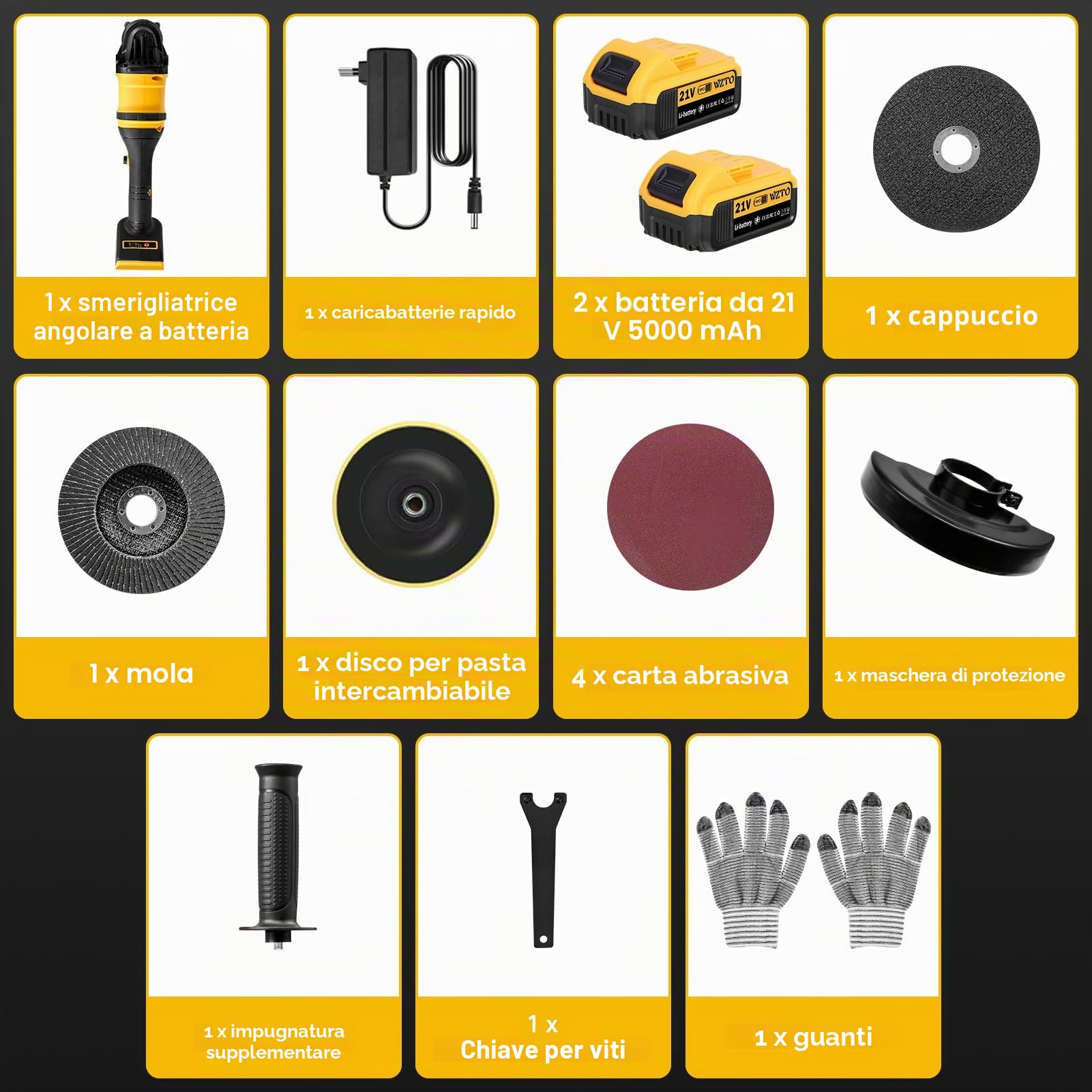 Smerigliatrice angolare a batteria da 21 V con motore brushless, batteria e caricabatterie, dischi da taglio da 125 mm per separare, levigare e lucidare, 30.000 giri/min (due batterie)