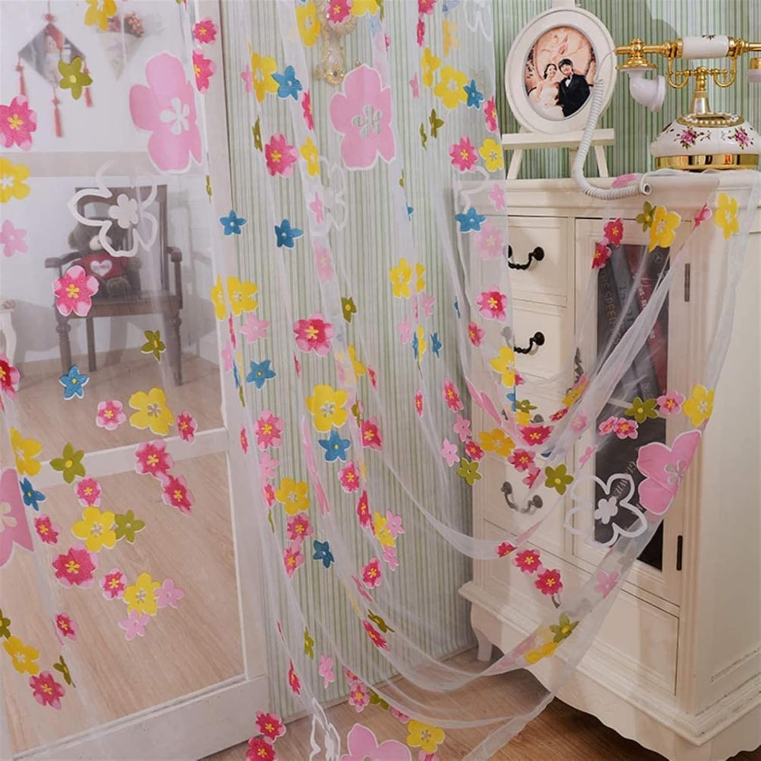 Printed Tulle Curtains, Sheer Floral Punch Voile Window Drapes for Living Room Bedroom Simple Valance 1 Pc (Color : Pink, Size : W200*H270cm(79 * 106inch))