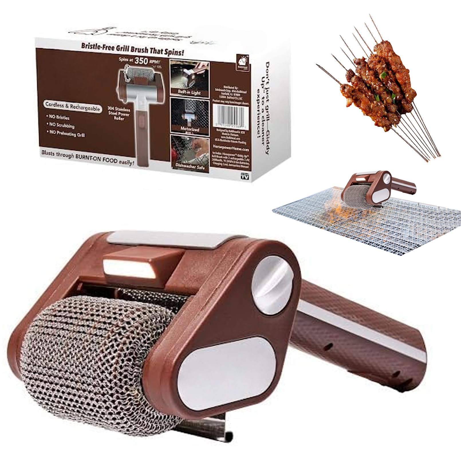 FBJAMZ Rechargeable Cordless Electric Grill,Cleaner Brush with Rotating, Dishwasher Safe, Ideal for BBQs, Hot Dogs, and Outdoor Cooking