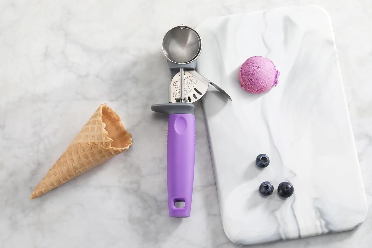 New Star Foodservice Commercial-Grade Thumb Press Food Disher/Ice Cream Scoop, #40, Purple Handle, 18-8 Stainless Steel, NSF Certified
