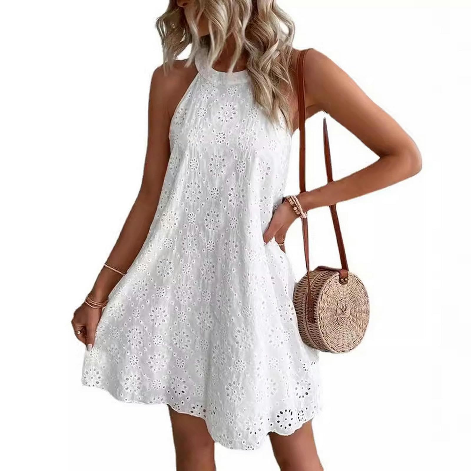 Vestidos de verano para mujer, de encaje, sin mangas, cuello halter, YYEFNMAZ
