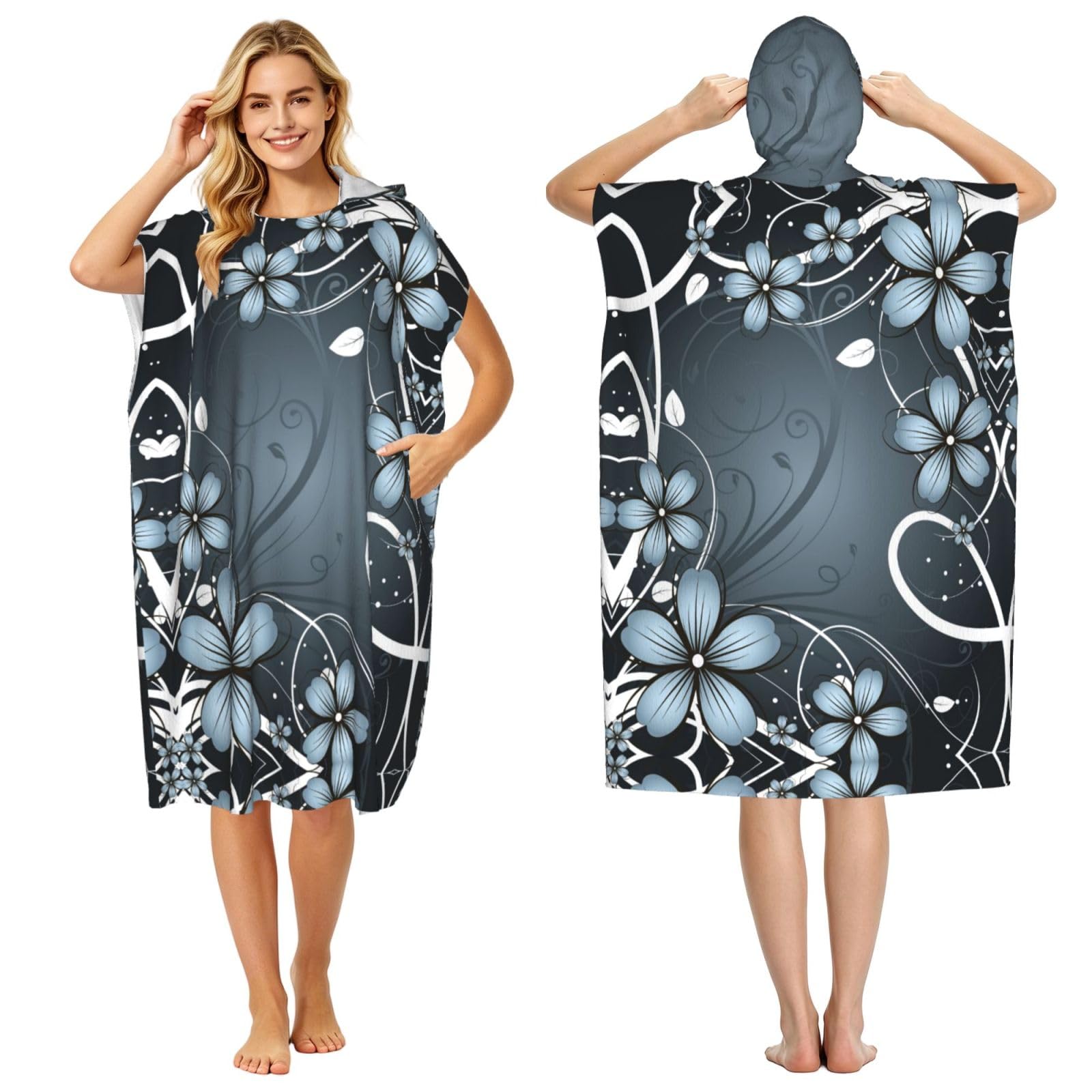 Peignoir à capuche adulte imprimé fleurs bleues, poncho éponge piscine plage