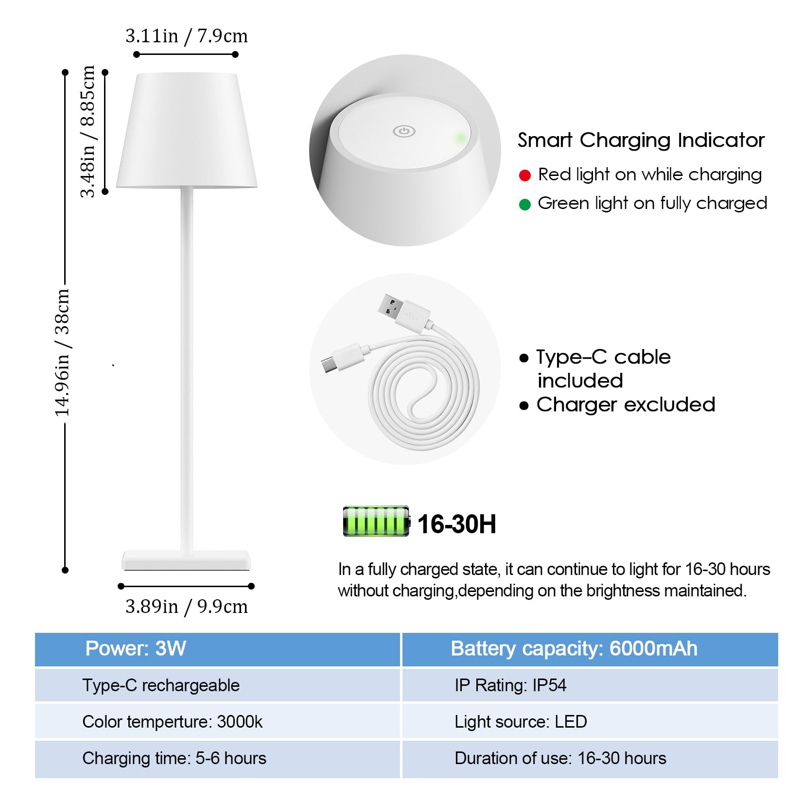 Lot de 4 lampes de table rechargeables LED sans fil, 3 W 6000 mAh, à piles, lumière de table portable à intensité variable en continu, étanche pour restaurant/intérieur/extérieur (blanc)