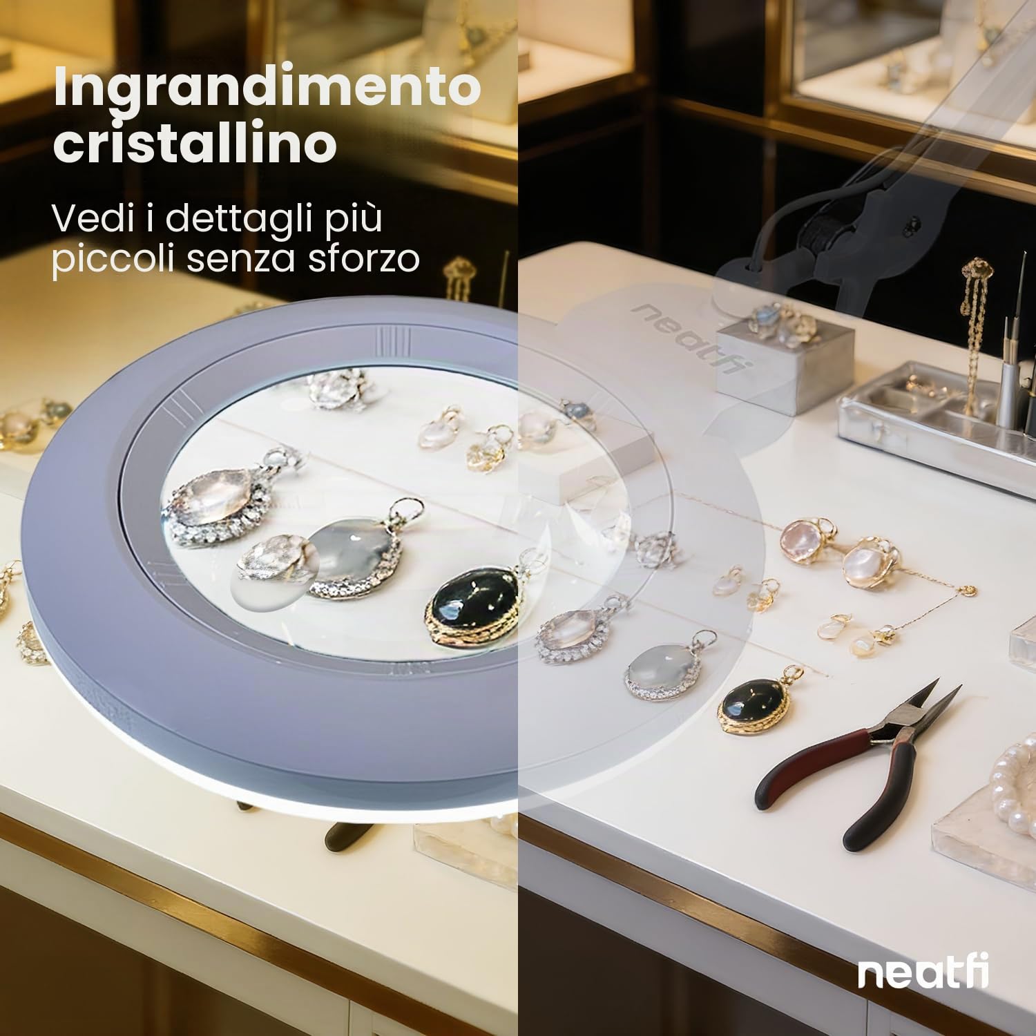 Neatfi XL bifocale Lampada d’ingrandimento LED, dimmerabile | 3 modalità di illuminazione, braccio regolabile e morsetto di fissaggio (Lente da 18 cm)