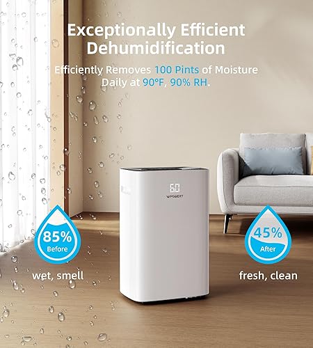 Miniatura 2 de Deshumidificador de 100 pintas para el hogar y el sótano, tanque de agua de 6 L, cobertura de 7000 pies cuadrados con manguera de drenaje, control