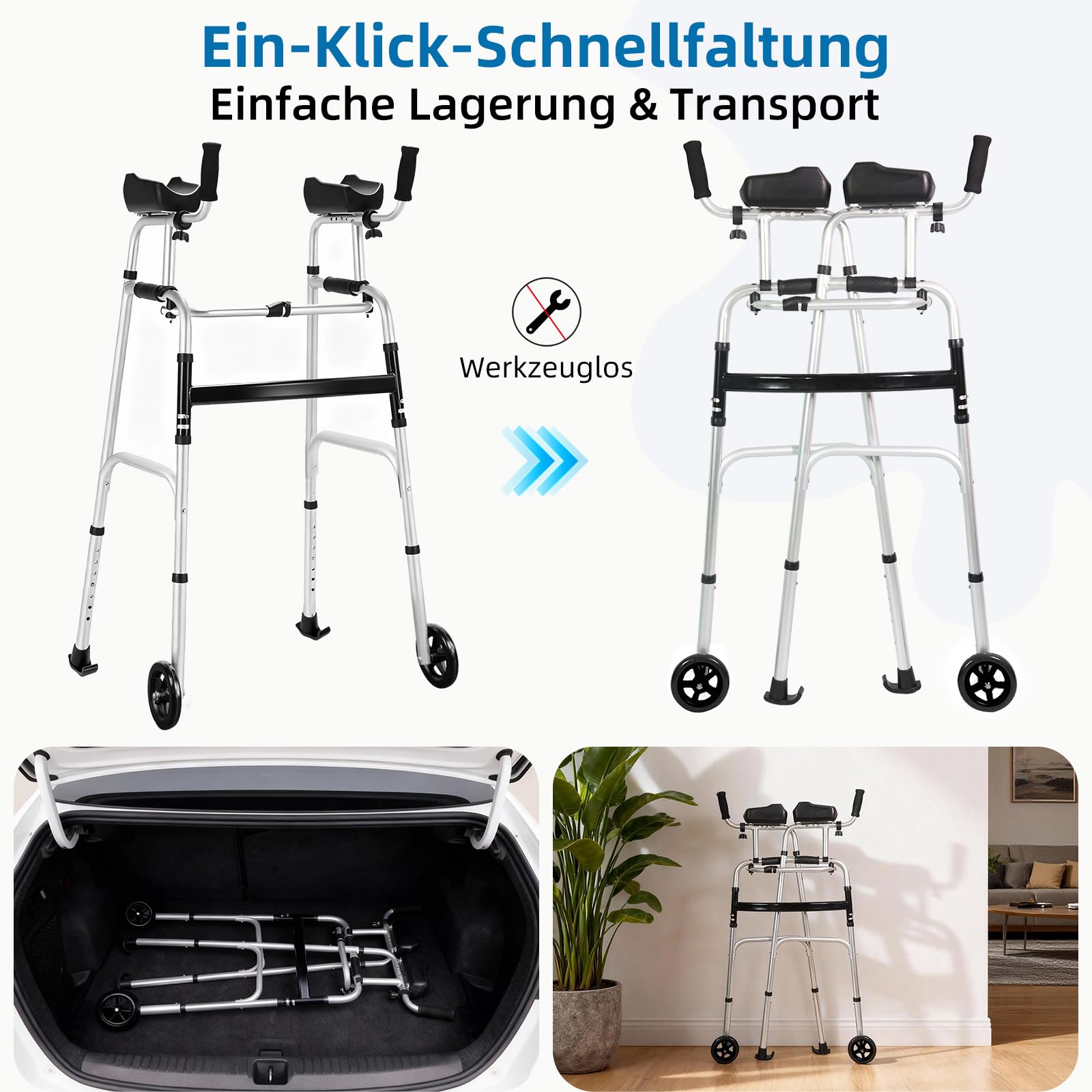 Marco plegable para caminar con ruedas y almohadilla extraíble para el brazo. Ayuda a caminar de aluminio ajustable para los ancianos (rueda con rodamientos)