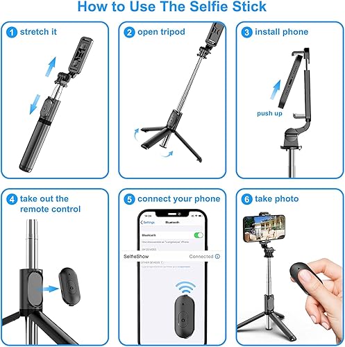 Miniatura 9 de Selfie stick extensible para selfie con control remoto inalámbrico y soporte para trípode, portátil, ligero, compatible con iPhone 1313 Pro1212