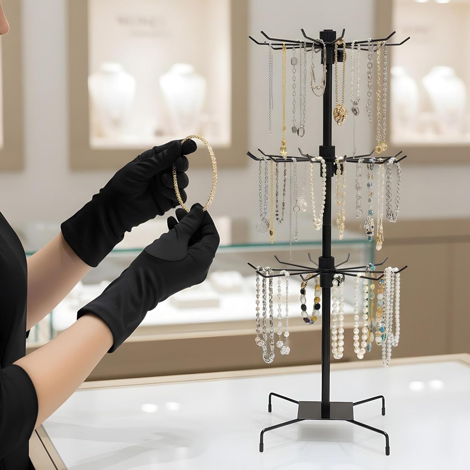 COMNICO 2 Pcs Retail Display Stand, 3-Tier Rotating Rack Black Metal Necklace and Bracelet Organizer Jewelry Stand Heavy Duty Adjustable Countertop Stands for Retail Earring Keychains Jewelry