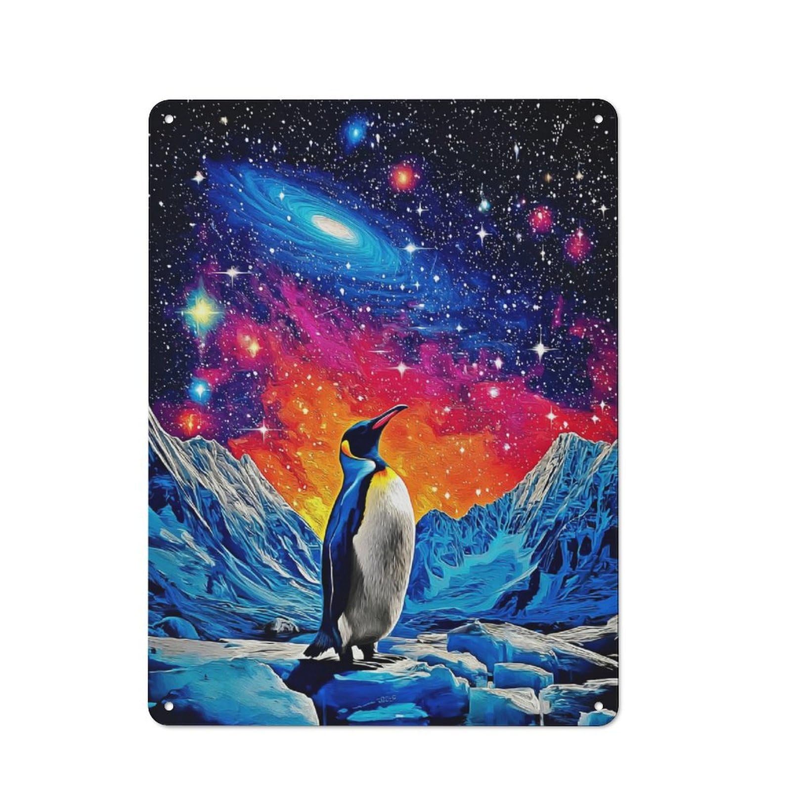 Metal Wall Plaque with Penguin in Cosmic Wonderland -2 Design 40x30cm, Old Fashioned Vintage Wall Decor for Living Room, Hallway, Kitchen Or Cafe