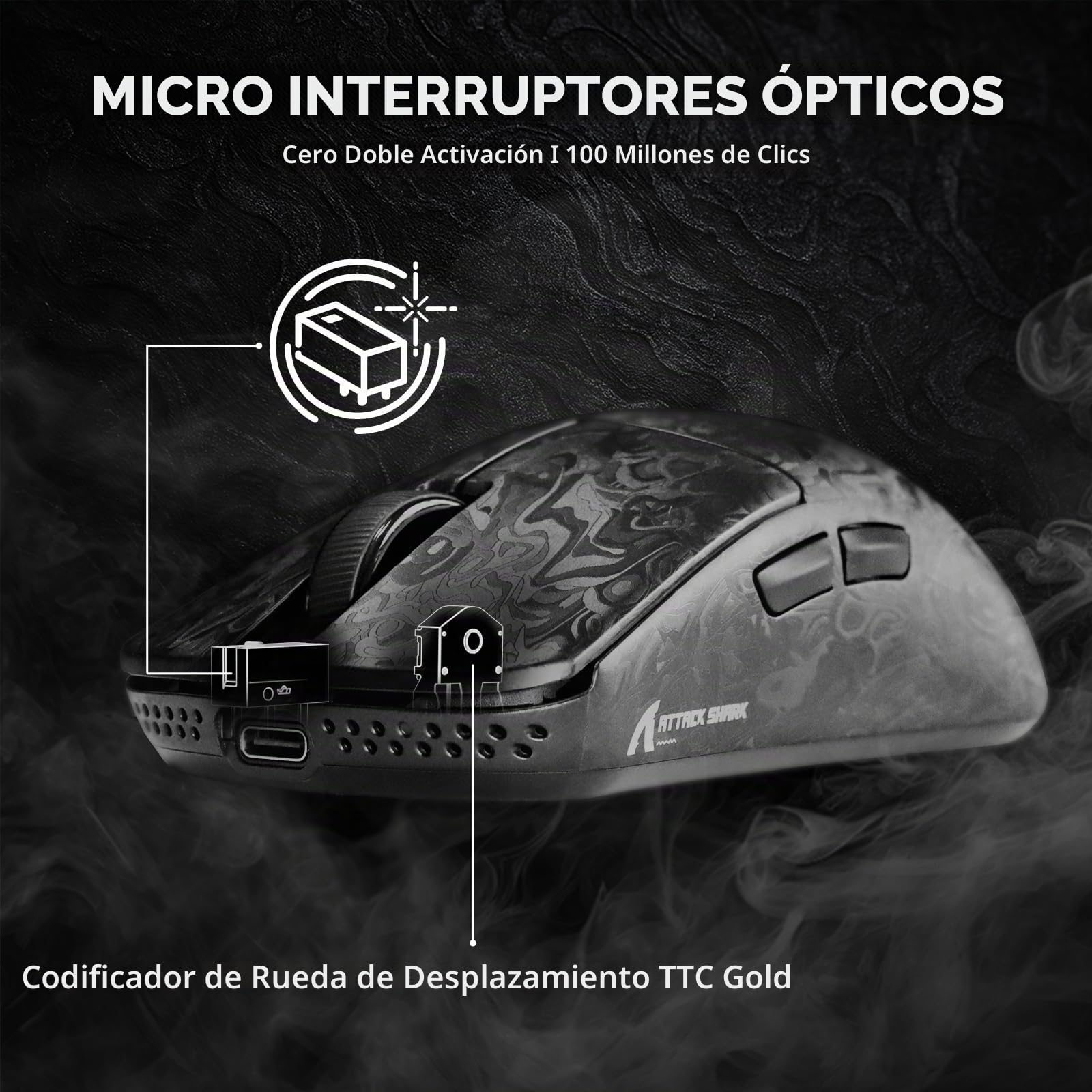 ATTACK SHARK R11 Ultra Ratón Gaming Inalámbrico 8000 Hz de Fibra de Carbono, 49g Superlight, 42000 dpi, 20000 FPS, Nordic 52840, PAW3950MAX, Capa Ice-Feel, BT/2.4G/Cableado, PC/Mac, Negro Forjado