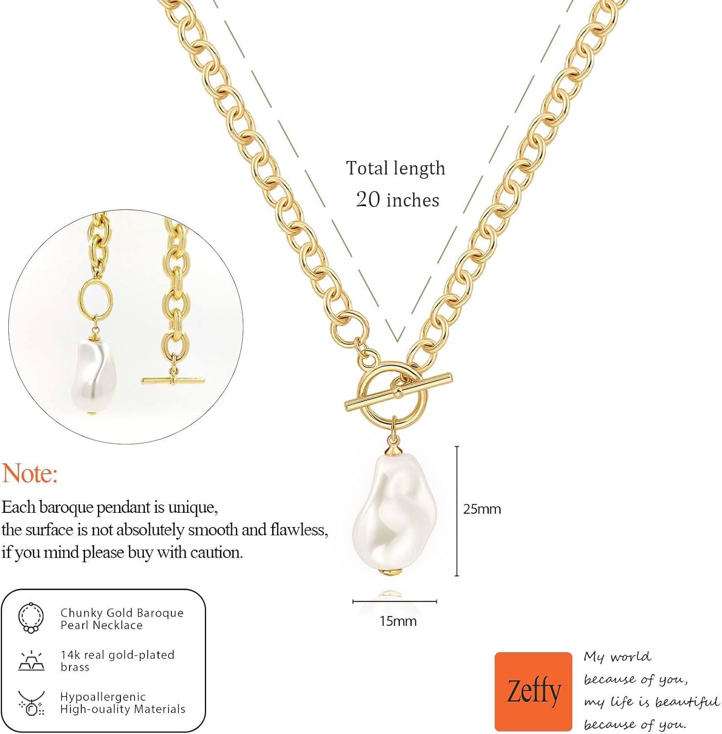 Zeffy 14K Gold/Silver Plated Chunky Thick Chain Toggle Clasp Necklace Dainty Baroque Pearl/Heart/Cross/Turquoise Pendant Necklace - Image 7