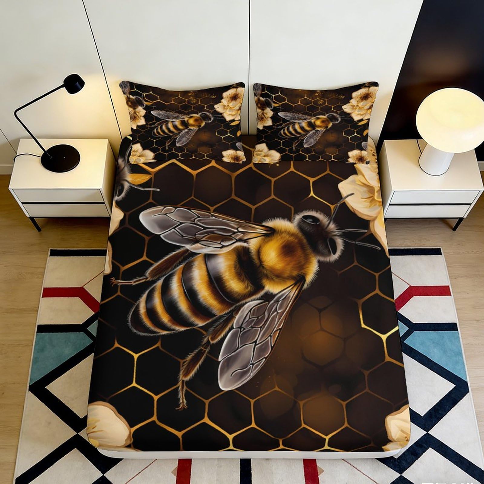 3D Printed Honeycomb Bee Pattern Fitted Sheet Microfiber Soft Anti-Slip Bed Cover for Bedroom Dorm Mattress Decor 120x200cm 180x200x25cm