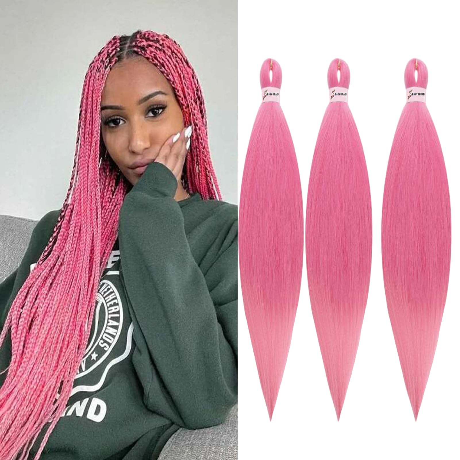 Synthetic Yaki Braiding Hair Ponytail Pre-Stretched Braiding Hair Extensions Easy Braids Hairpieces Crochet Straight Hair 26 inch 3 packs/lot (#Pink