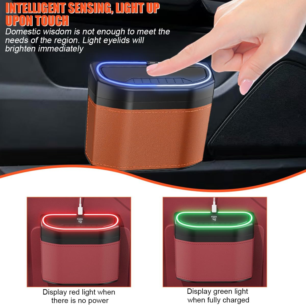 Car Trash Can with Lid, Leakproof Mini Vehicle Garbage Container Bin with LED Light, Auto Interior Front Back Seat Storage Organizer Dustbin, Universal for SUV, Sedan, Truck(Orange)