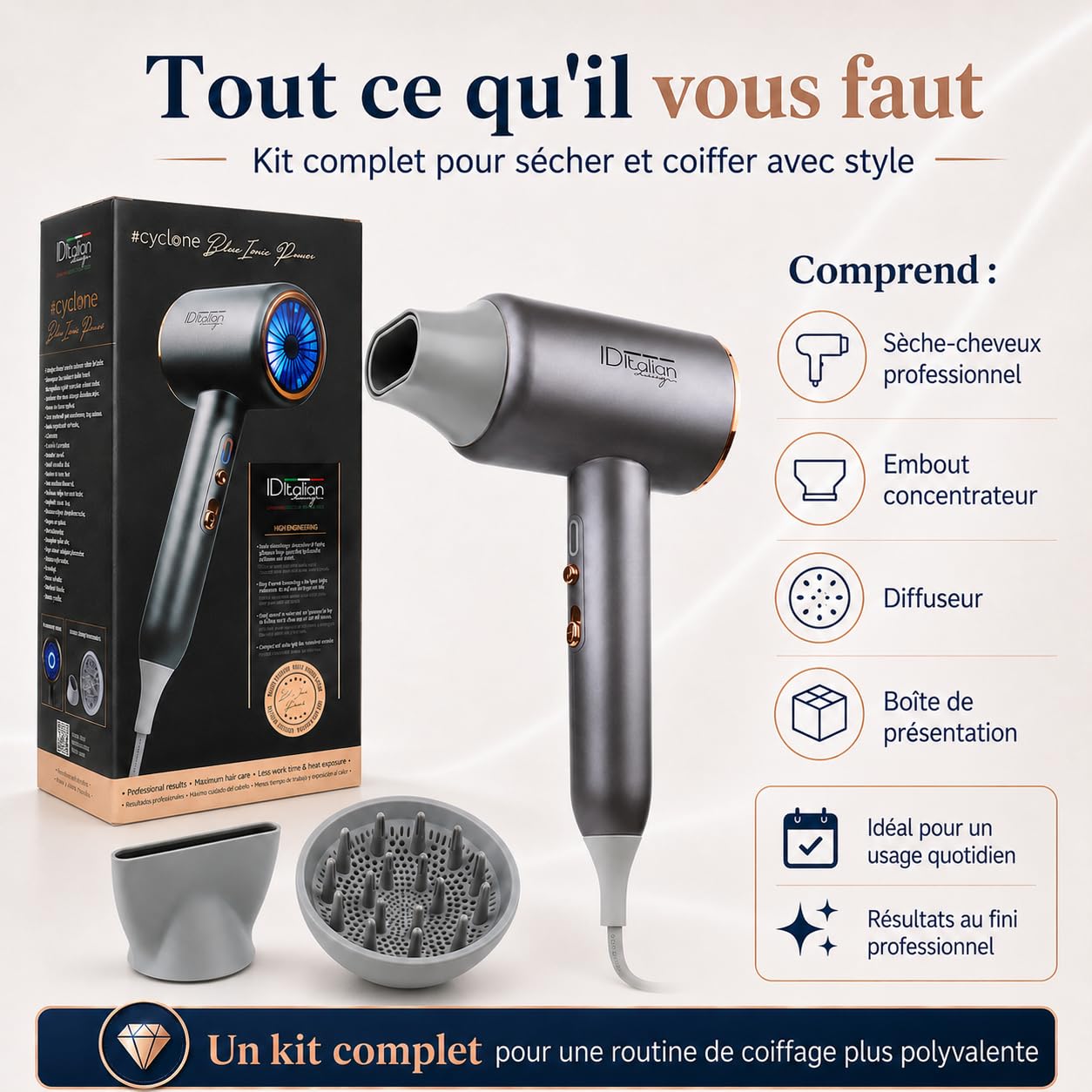 ID Italian Design – Sèche-cheveux Ionique Professionnel Cyclone Blue Ionic Power – Sèche-cheveux 2200 W, 3 Niveaux de Chaleur, Bouton Air Froid, 3 Vitesses et Fonction Ionique