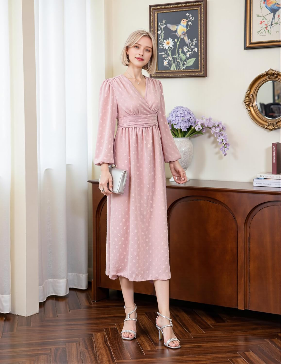 Women's Swiss Dot Boho Dress Fall Long Sleeve Wrap V Neck Ruffle Flowy Maxi Spring Wedding Vacation Dresses - Image 2