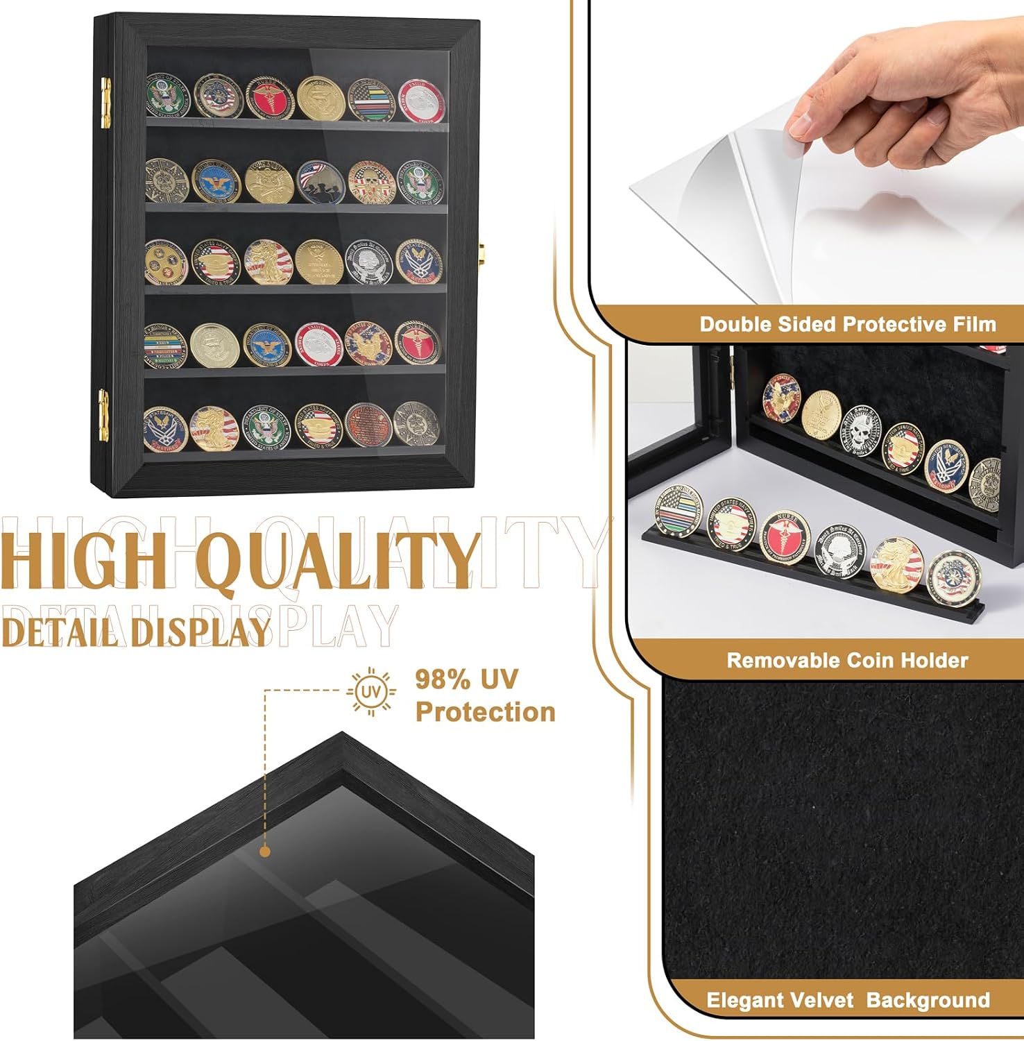 Military Challenge Coin Display Case 11x14IN, Medal Shadow Box with HD Acrylic Glass, Removable 2 Groove Shelves, Wall Mount Coin Collection Holder for Casino Poker Chips Exquisite Souvenirs
